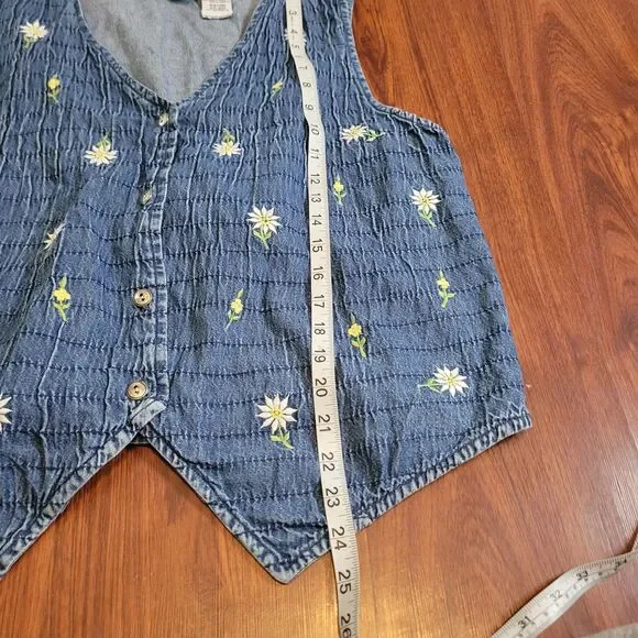 90s Bobbie Brooks Denim Floral Embroidered Vest Lagenlook Cottagecore Size L - Picture 7 of 12
